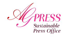 AGpress logo with a red and fuchsia title, and burgundy tag line reads "Sustainable Press Office"