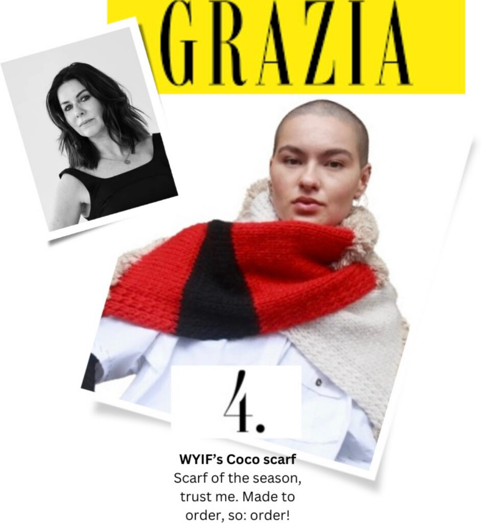 Snapshot of Grazia magazine October 2024 featuring a woman wearing a stylish red, black and cream Coco scarf by WYIF