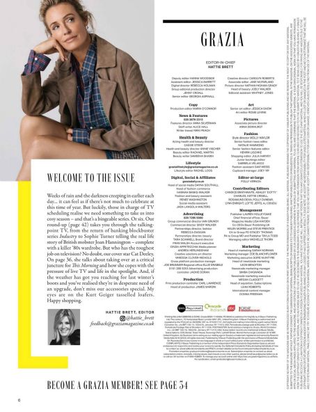 The Editor's Page of Grazia magazine, October 2024, features an article about Cat Deeley on its cover.