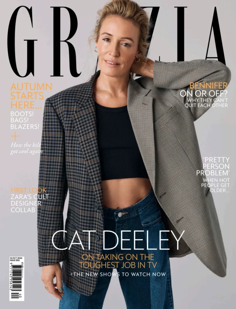 Cover of Grazia magazine, October 2024, featuring Cat Deeley with a chic outfit with grey textured blazer, black top and jeans with a confident smile.