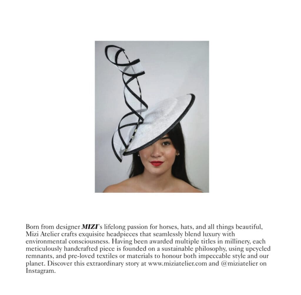 Snapshot of Vogue magazine's Style Set of June 2025 featuring a woman wearing a white fascinator with black rim and twirls by Mizi Atelier