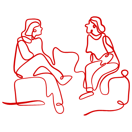 a line drawing of two people sitting and engaged in conversation