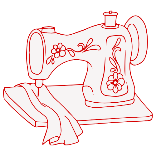 Hand-drawing of a sewing machine and a piece of fabric under the needle outlined in red, embellished with floral ornaments showcasing its design and features.