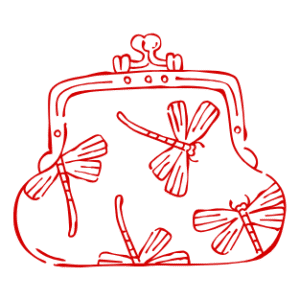 A drawing of a small purse decorated with dragonflies in a red outlines