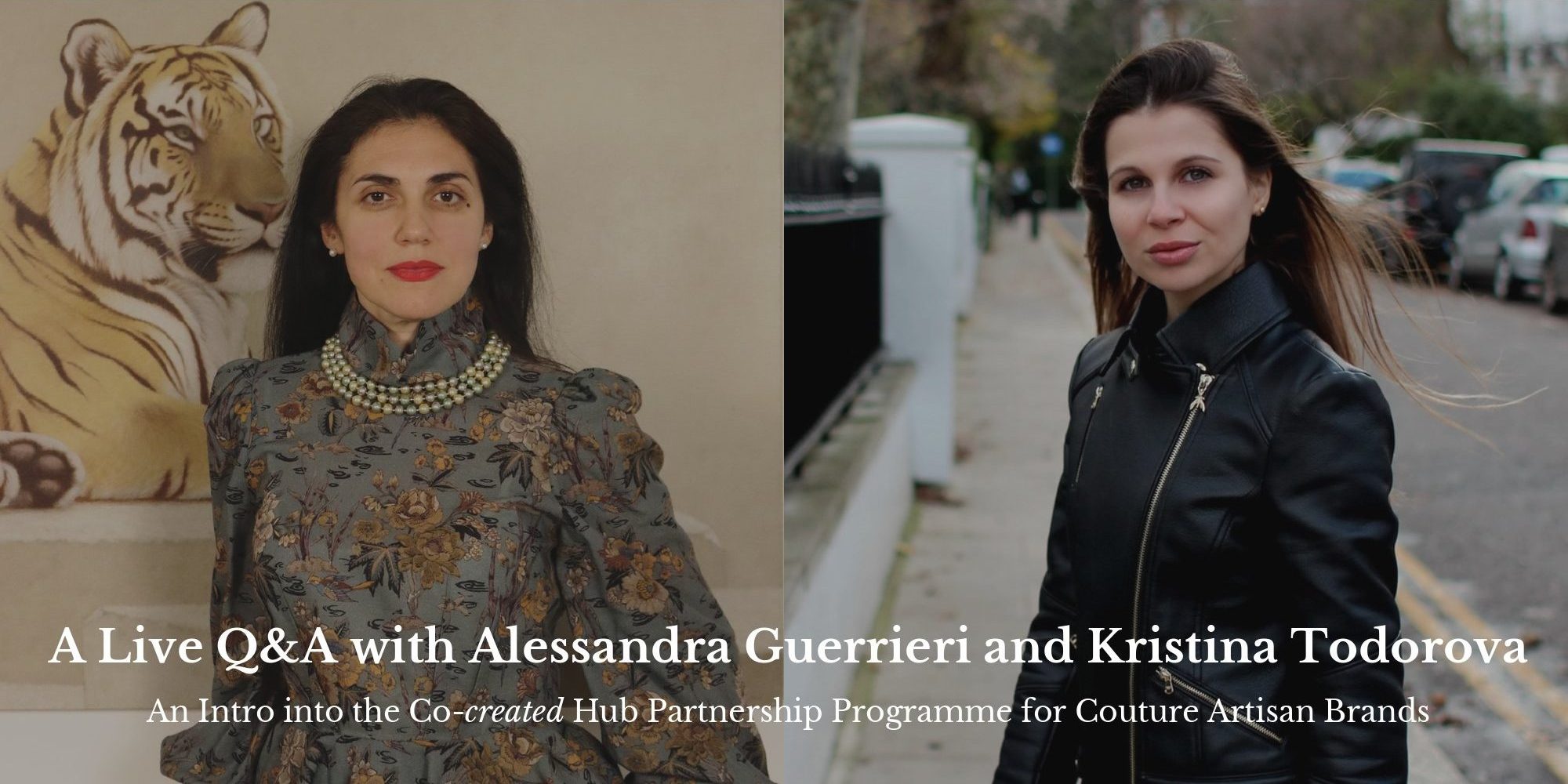 A desaturated photo of Alessandra Guerrieri, Founder of AGpress and Kristina Todorova, Founder of The Co-created Hub, overlaid by the title of the event and intro caption.