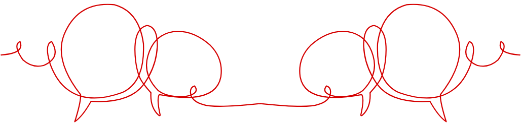 a decorative line drawing of four interlaced speech bubbles in deep red